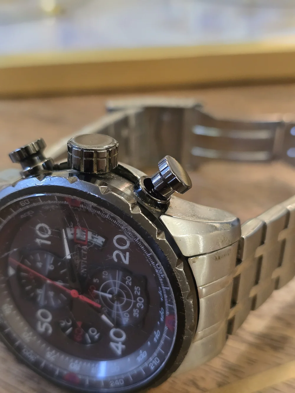 Invicta Men’s Black Chronograph Stainless Steel Watch Crown Damaged